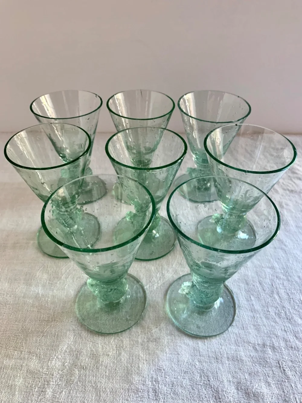 Antique Hand Blown Green Glass Rooster Juice Glasses Set 8 Etched Early American